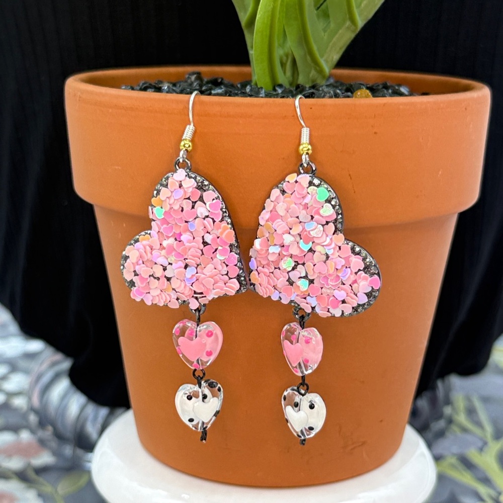 ⭐️Adorned Crown Jewelry pink heart glitter Valentine's Day earrings